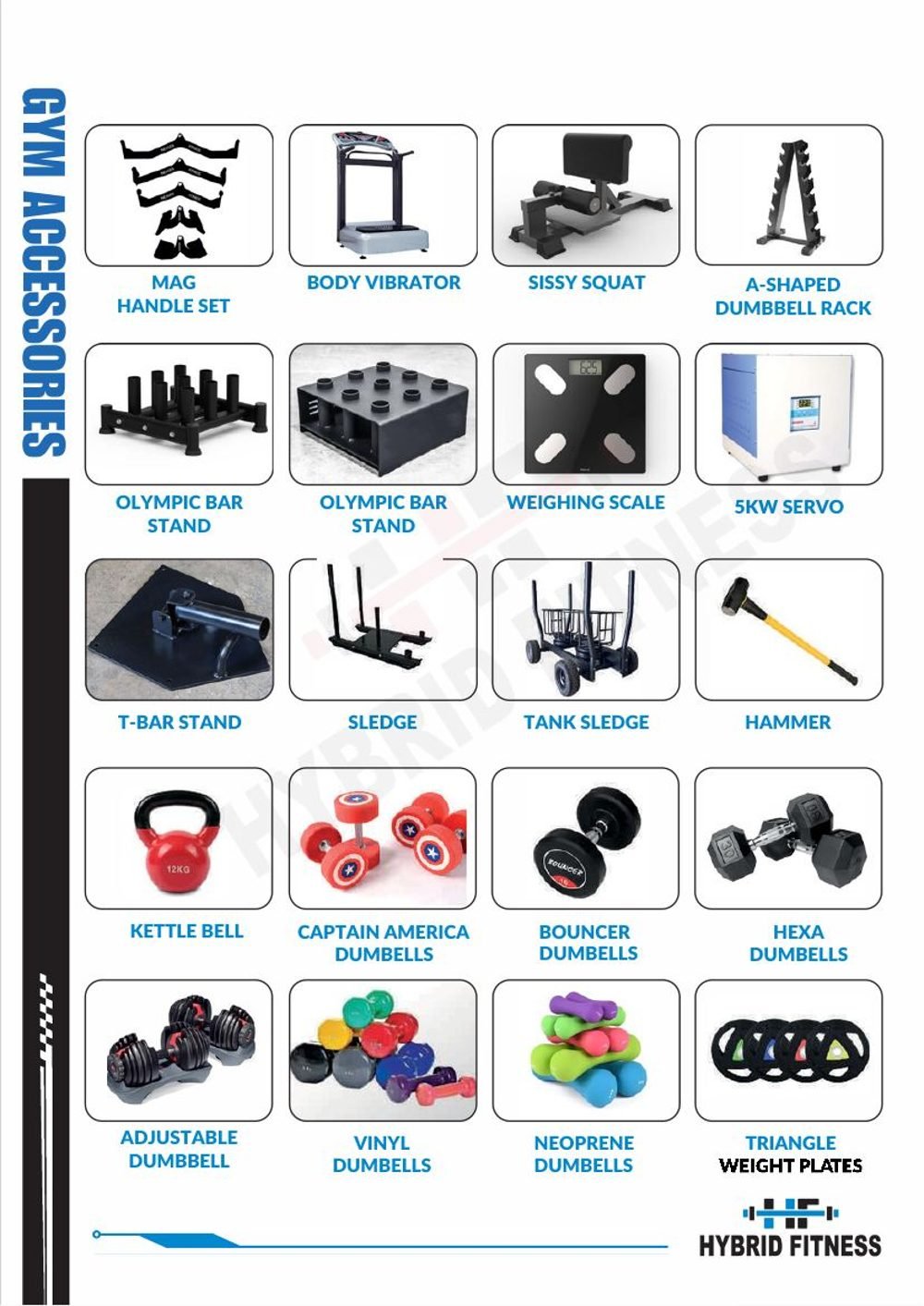 Hybrid Fitness accessories sheet 1 — handles, racks, dumbbells