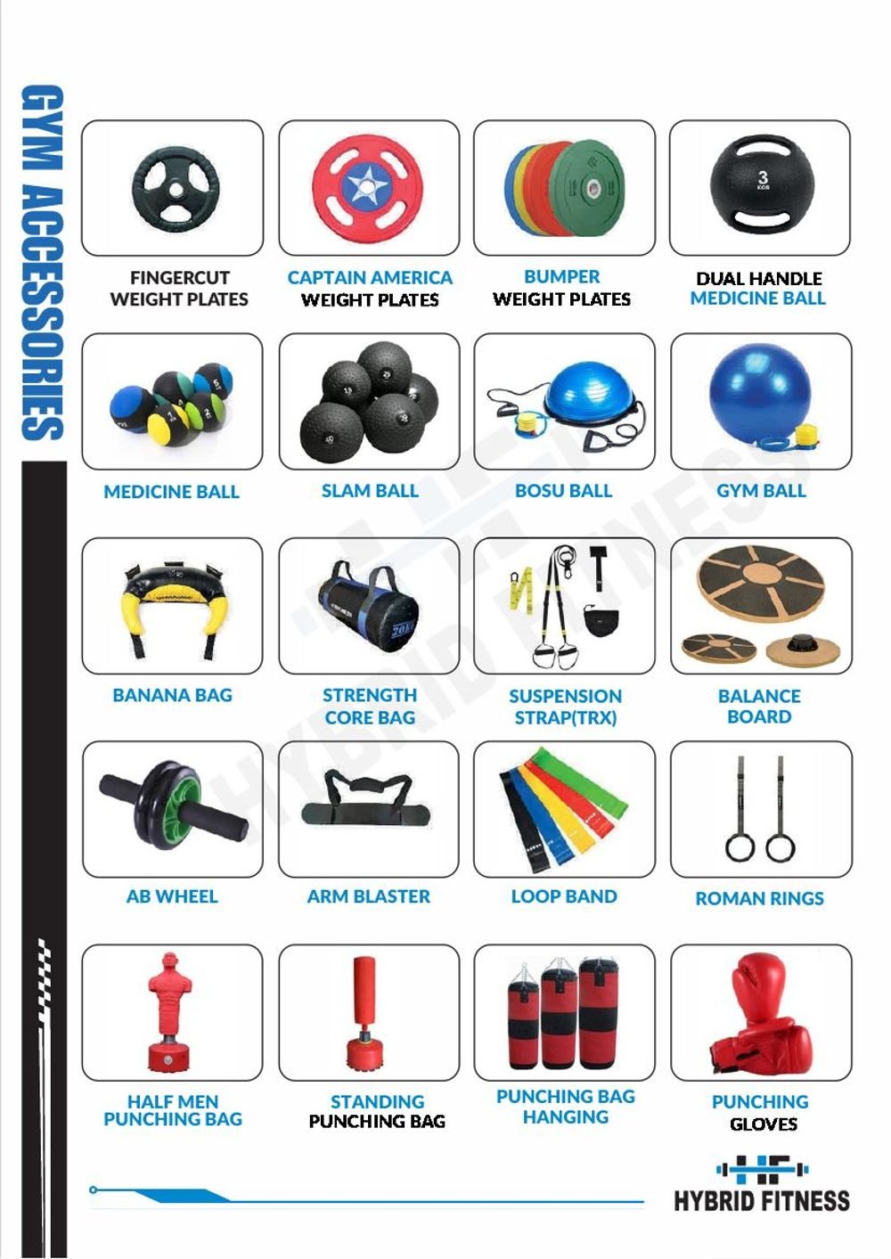 Hybrid Fitness accessories sheet 2 — balls, bags, bands