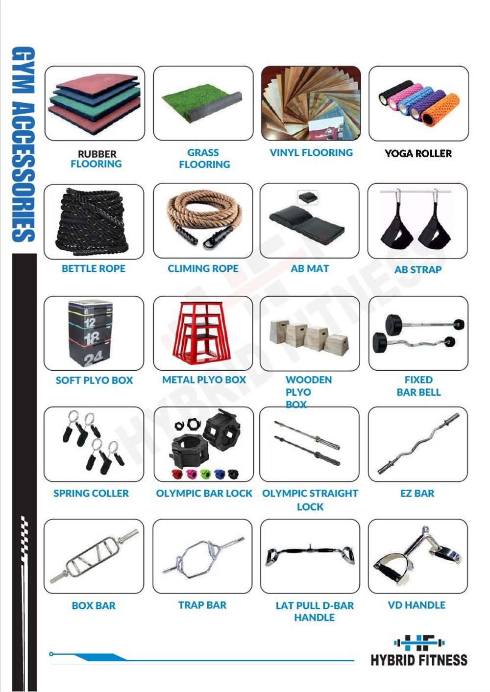 Hybrid Fitness accessories sheet 3 — flooring, ropes, plyo boxes