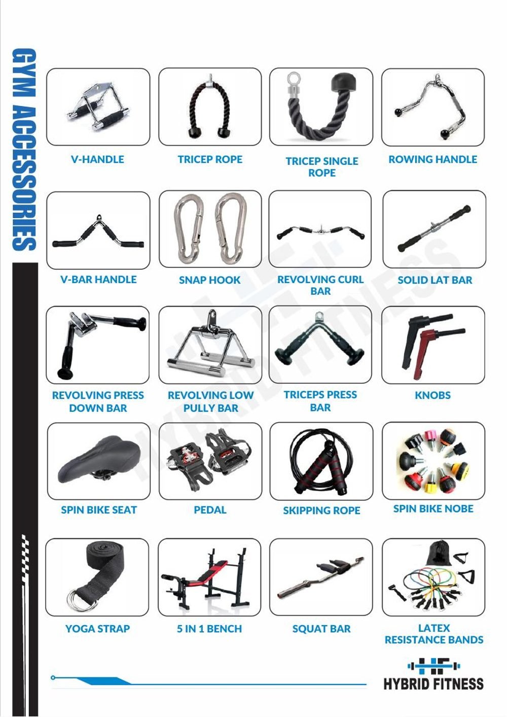 Hybrid Fitness accessories sheet 4 — handles and cable attachments